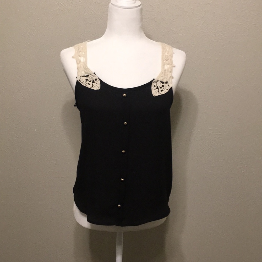 Black sheer top with cream knitted racer back